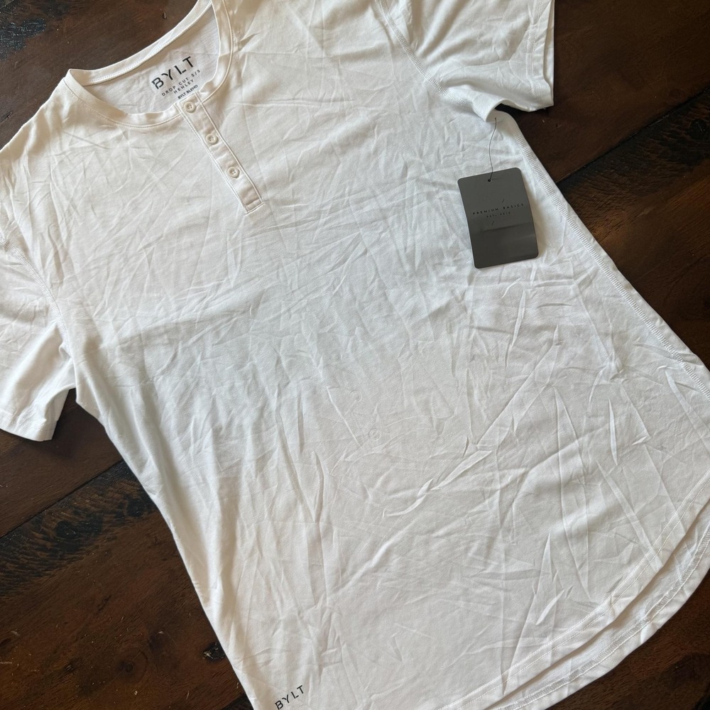 BYLT Shirt Mens Large White Drop Cut Short Sleeve Henley Premium Basic Tee